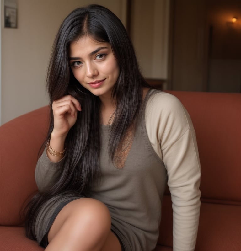 beautiful cute young attractive indian teenage girl, village girl, 18 years old, cute,  Instagram model, long black_hair, colorful hair, warm, dacing, in home sit at  sofa,Indian,
 masterbating
