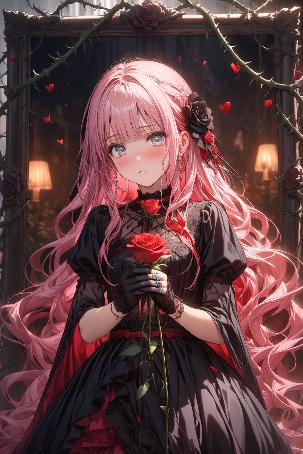 masterpiece, best quality, extremely detailed, (illustration, official art:1.1), 1 girl ,(((( light pink long hair)))), light pink hair, ,15 years old, long hair ((blush)) , beautiful face, big eyes, masterpiece, best quality,(((((a very delicate and beautiful girl))))),Amazing,beautiful detailed eyes,blunt bangs((((little delicate girl)))),tareme(true beautiful:1.2), ,masterpiece, best quality,1girl, solo, flower, long hair, rose, red hair, red flower, heart, grey eyes, thorns, red rose, vines, dress, looking at viewer, parted lips, bangs, black flower, black dress, gloves, holding, plant, very long hair, skeleton, ring, white background, black rose, picture frame, card, frills, black gloves, white eyes, blurry ////////, ,