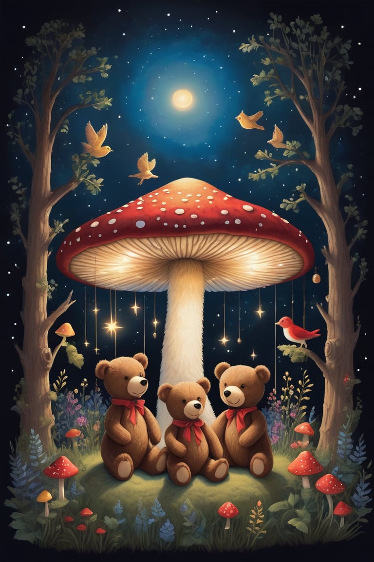 In this whimsical scene, a star-studded night sky serves as a celestial backdrop for a fantastical forest. Three cuddly Teddy bears, one seated and two standing tall, are nestled among a tapestry of vibrant flora. A majestic red and yellow mushroom takes center stage, its delicate branches supporting perched birds, including a rosy-hued companion. The warm glow of fireflies adds to the enchanting ambiance.