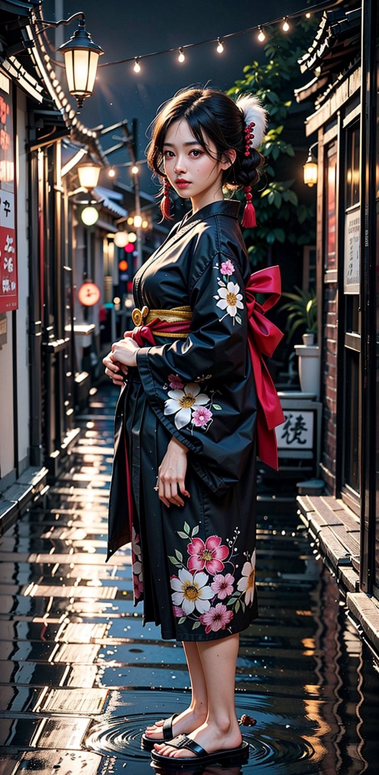 1girl, solo, long hair, looking at viewer, bangs, skirt, black hair, hair ornament, red eyes, long sleeves, holding, jewelry, closed mouth, standing, full body, weapon, braid, flower, sidelocks, earrings, japanese clothes, sword, hair flower, wide sleeves, kimono, water, blurry, from side, sash, single braid, profile, night, depth of field, blurry background, obi, floral print, katana, letterboxed, sheath, hakama, hakama skirt, reflection, red kimono, print kimono, black hakama