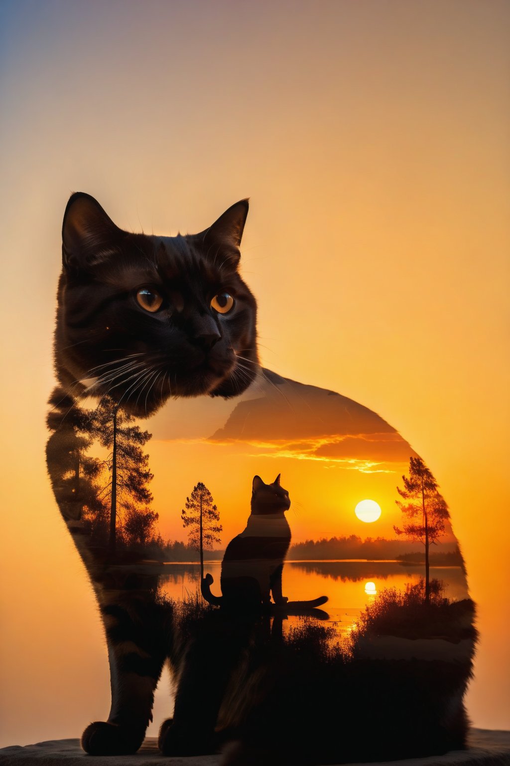 silhouette of a cat, no human. Inside the cat you can see the double exposure with a sunset, masterpiece, ((double exposure)), proportional.,DOUBLE EXPOSURE