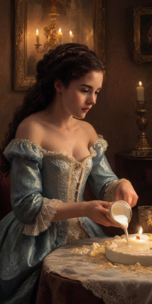 (masterpiece portrayal of one character in intimate action), ((a beautiful young woman spilling milk onto herself)),  spilling, splashing, messy, sloppy, seethrough, wet, 

full body vibrant illustrations, intricately sculpted, realistic hyper-detailed portraits, queencore, depicts real life, 
the scene happens in a luxurious baroque bedroom, detailed background, illuminated with a thousand candles