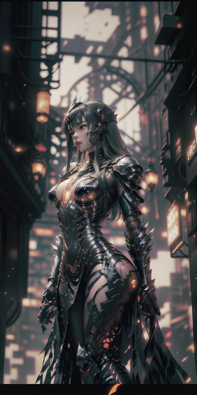 Sexy Pose, (masterpiece+best quality),(solo), 1 Japanese Girl, white hair , (high sexual attraction,long hair), in the dark night, (wearing sexy black transparent plastic Indian dress + body implants) , moon , highly detailed background of ancient Indian achitechture+with neon lights ,ink,Cyberpunk,Enhance,Armor