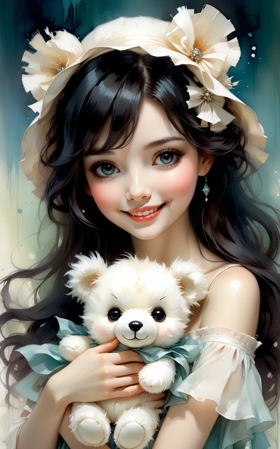 (Beautiful Woman with dark hair) holding a small (tiny cute and adorable white plush fluffy chibi-style teddy bear with large black eyes), in the style of Harrison Fisher and Brian Froud and Jeremy Mann, smile, Whimsical, vibrant colors, gloss, sweetness, surreal, thick brush strokes, layered textures, mythical, magical,more detail XL