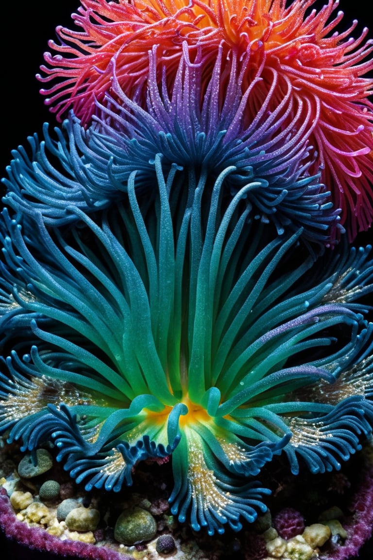 Imagine a stunning sea anemone made entirely of beautiful gemstones. Each tentacle glistens with an array of vibrant colors, crafted from sparkling sapphires, emeralds, rubies, and diamonds. The base of the anemone is a radiant, crystalline structure, with intricate patterns resembling coral reefs. Light dances off the facets of the jewels, creating a mesmerizing, almost ethereal glow. This gemstone sea anemone is a breathtaking fusion of natural marine beauty and exquisite craftsmanship, a dazzling underwater jewel.