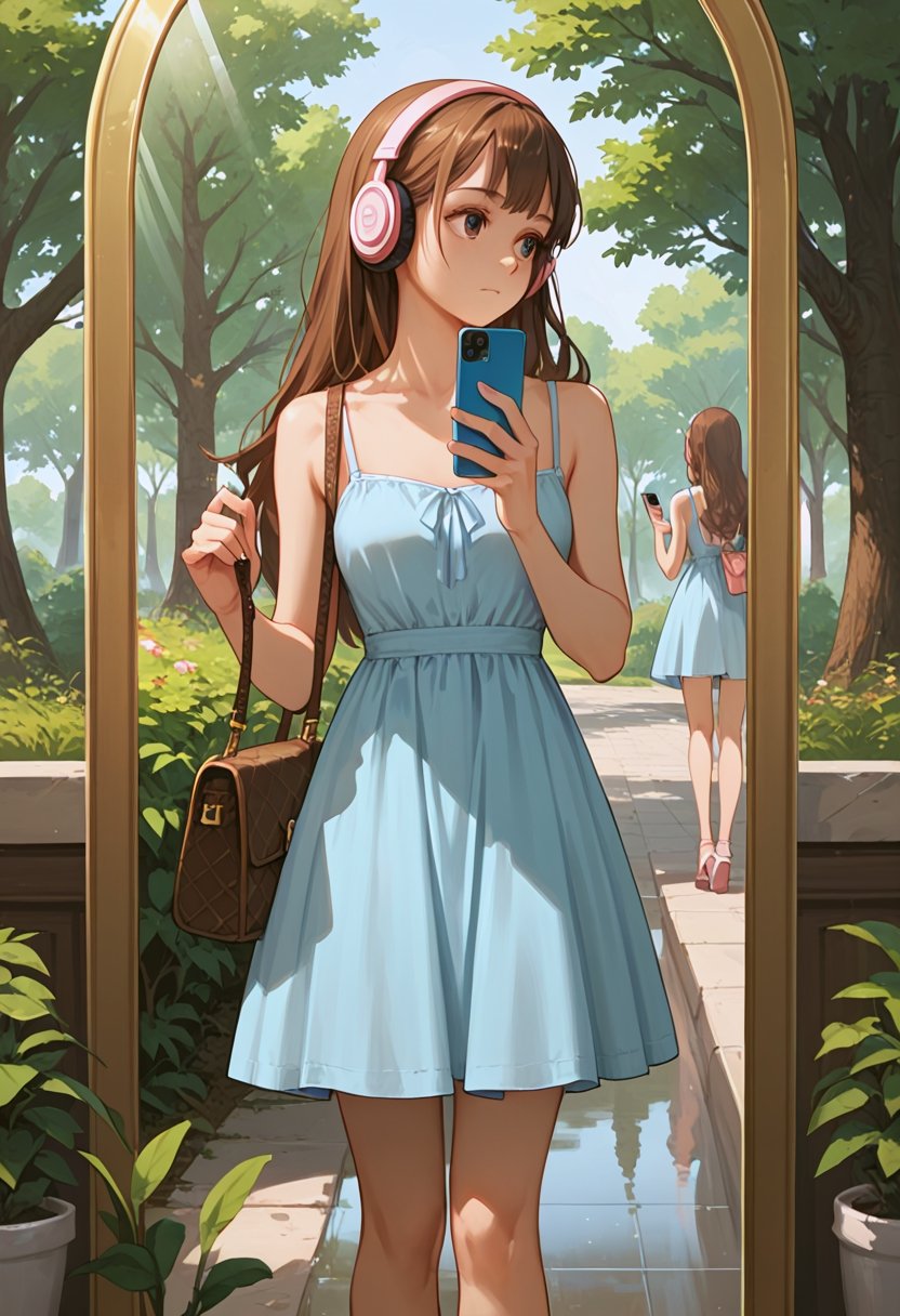 score_9, score_8_up, score_7_up, score_6_up, score_5_up, score_4_up,

1girl, solo, long hair, brown hair, dress, bag, tree, legs, headphones, phone, cellphone, smartphone, reflection, handbag, mirror, sundress