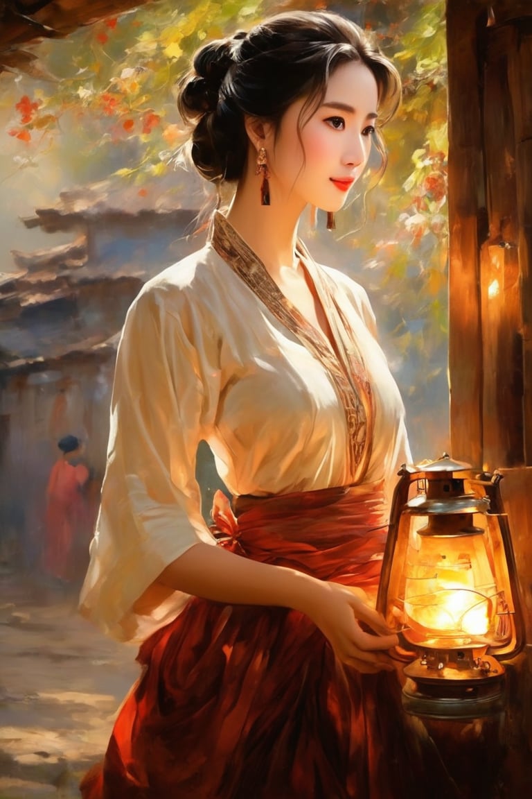 masterpiece, high quality, oil painting style, 1brown village belle, traditional curved revealing  blouse, oil lantern only source of light in room, her eyes explain a newlywed's  yearning, traditional village rope bed backdrop 