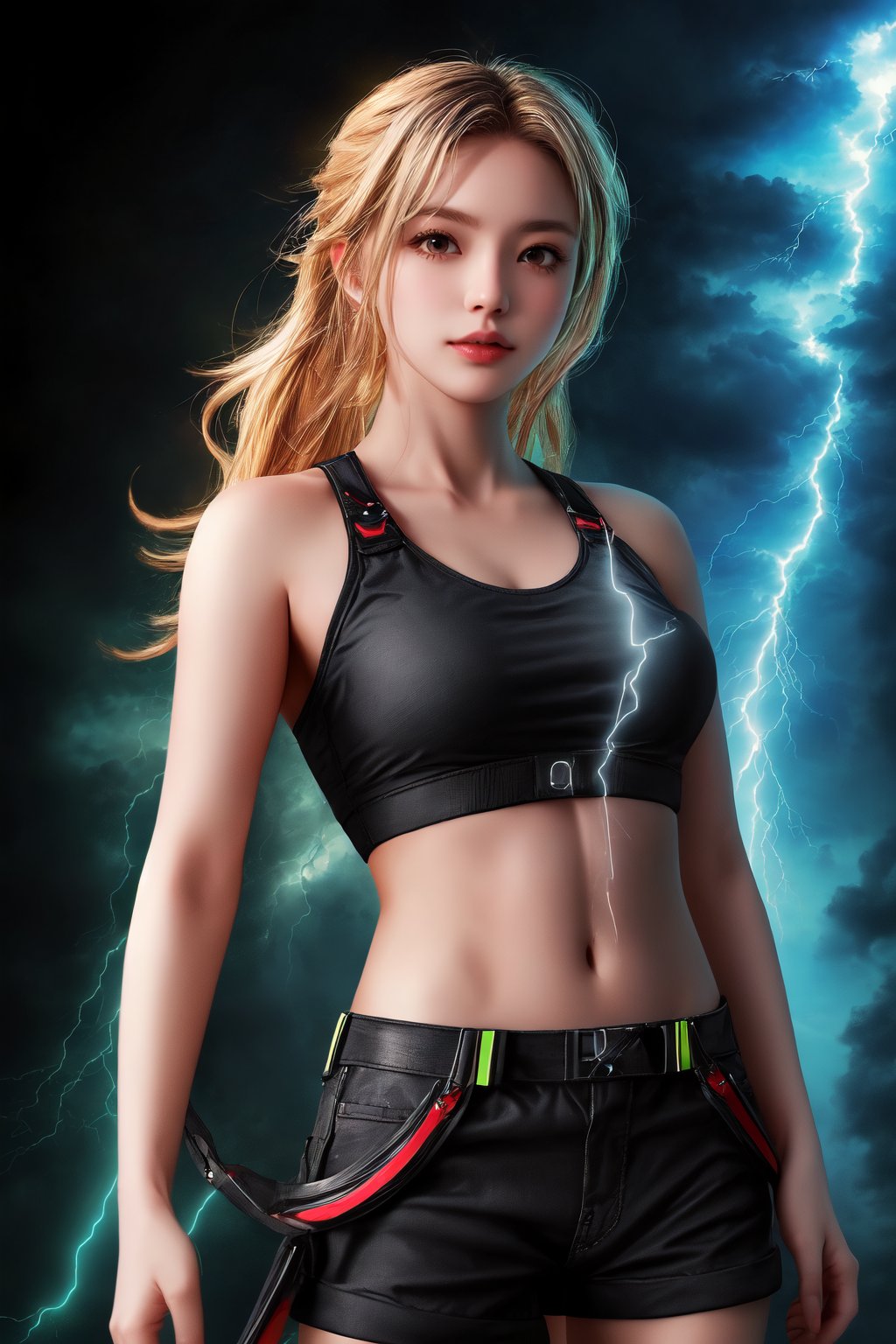 (masterpiece, high quality:1.5), (8K, HDR), masterpiece, best quality, 1girl, solo, upper body, FuturEvoLab style, black background, FuturEvoLab-girl, FuturEvoLabStyle:1.5, Thunder Flash, Lightning aura, Lightning, 