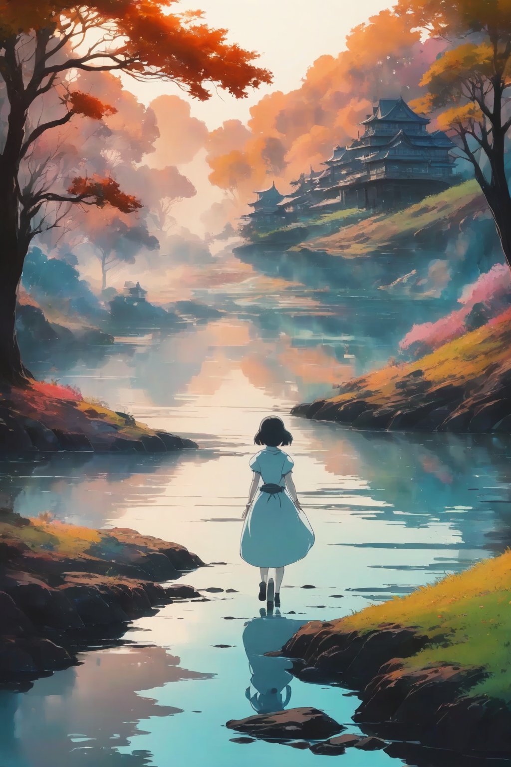 Silhouette of a girl in a scenery of a magical world, fantastic scenery of another world, close-up, double exposure, white background, vibrant colors, Studio Ghibli, StdGBRedmAF, lineart