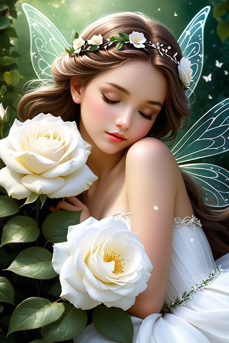 An ultra high quality award-winning Masterpiece. The little fairy sleeps on a white rose. Her wings tremble slightly from the gentle breeze that whispers sweet tales to her. A small flower is nestled in her hair, as if wanting to adorn her even more. Silence reigns around, only the birds singing and the rustling of leaves disturb this idyll. The fairy looks so calm and innocent, as if nature itself protects her from any harm. Her face expresses such peace, as if she sees the most beautiful dreams. At this moment, the world seems so soft and kind, as if every element of nature is woven from magic. The sleeping fairy on the white rose reminds us that there is a place for wonders and magic in this world, even in the most delicate moments.