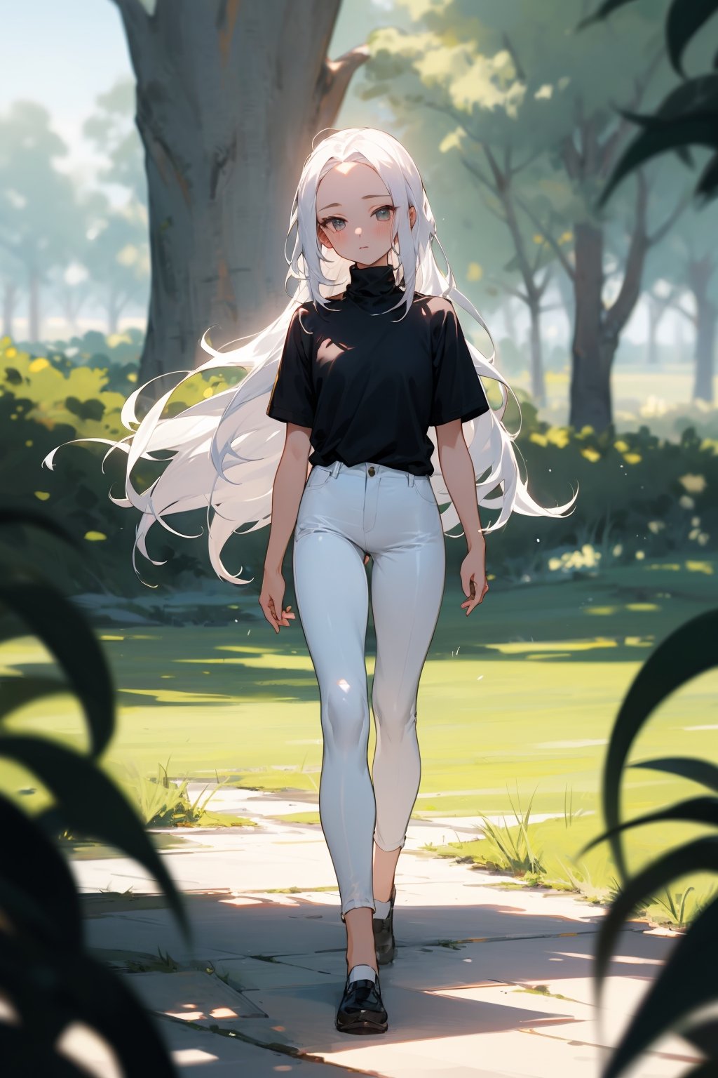 (masterpiece, best quality), 1girl with long white hair, forehead, standing on the floor, outdoors, grassfield, warm lighting, black shirt, short sleeves, turtleneck, skinny pants, white pants, blurry foreground, girl