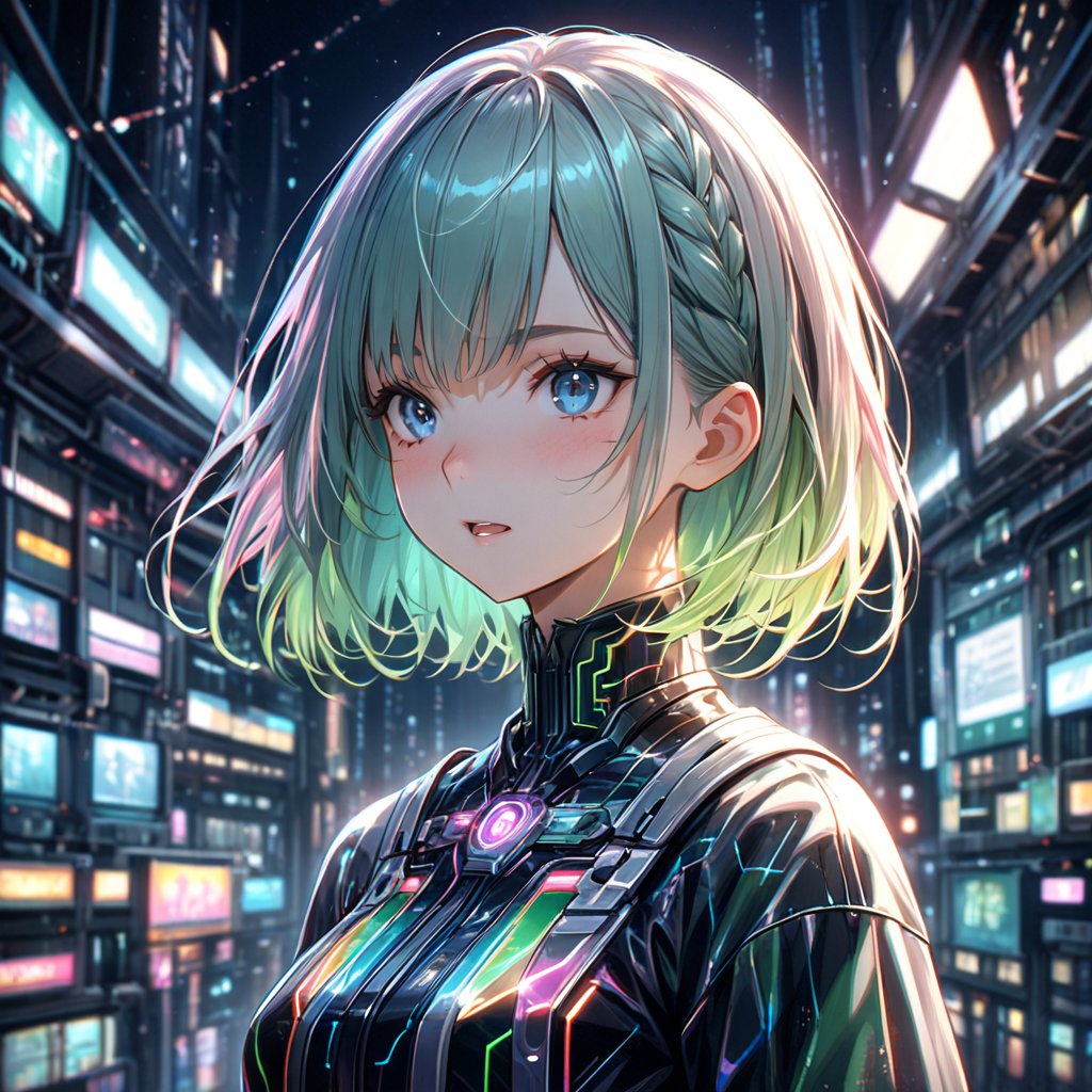  (masterpiece, best quality:1.4), ultra-detailed, dimly lit, glow, lights, (depth of field), perfect face, detailed face, 1girl, solo, long hair, bangs, green eyes, pink hair, braid, multicolored hair, parted lips, Japanese clothes, green hair, mole, Cute Loose Bob hair, two-tone hair, lips, eyelashes, gradient hair, looking away, portrait, Cyber uniform, closed up, looking_at_viewer, in the cyber city