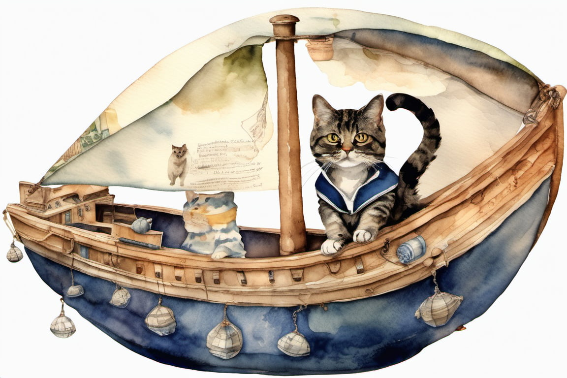 a giant nutshell boat with a cat dressed as sailor on it, watercolor, masterpiece, intricate details