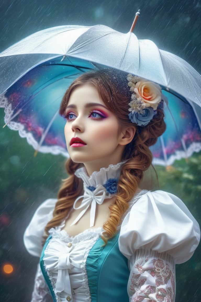 (Fractal Art: 1.3), (Colorful Colors), White Elegance, A morbid beauty in a Gothic Lolita costume,  looking up at the rainy sky with a melancholy expression,