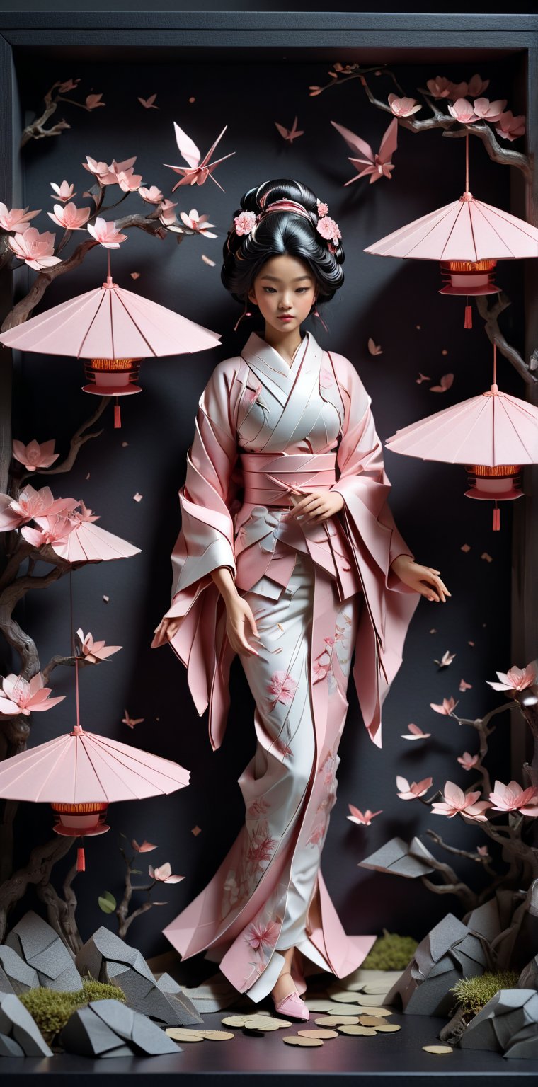 Origami geisha, diorama, Rococo-inspired, layered paper art, ethereal zen garden setting, blush pinks, Steve McCurry-like photographic sterling style influence, captured with 35mm lens, F/2.8 aperture, conveying character, sophistication, abundant detail, hyperrealism, dramatic lighting, ultra fine detail.