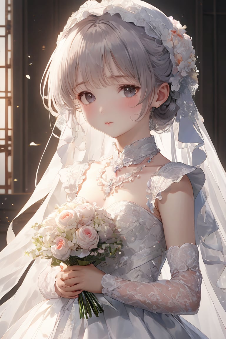 masterpiece,((best quality, 8k, ultra-detailed)),perfect anatomy, ,kanna kamui,(12yo girl :1.4) ,(solo:1.4),(flat chest:1.4),pretty face,Simple back ground,full body shot,(wedding dress:1.4),expose navel