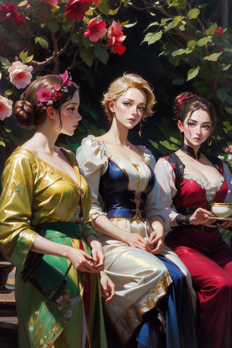 3 graces, tea party in the garden, mute colors, Rococo-style oil painting, scenery, hollyhocks, (masterpiece, top quality, best quality, official art, beautiful and aesthetic:1.2), extreme detailed, highest detailed, masterpiece,More Detail,Colors