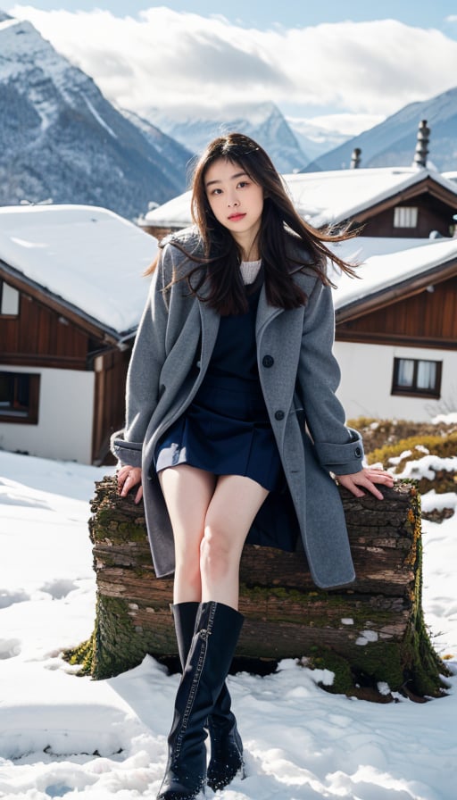 cute girl, long hair, grey winter coat fashion, black short skirt, boots, Sitting cross-legged on wood log, switzerland, snowy mountains background, blue sky, 4K, ultra HD, RAW photo, realistic, masterpiece, best quality, beautiful skin, white skin, 50mm, medium full shot, outdoor, full body, photography, Portrait, ,chinatsumura, high fashion