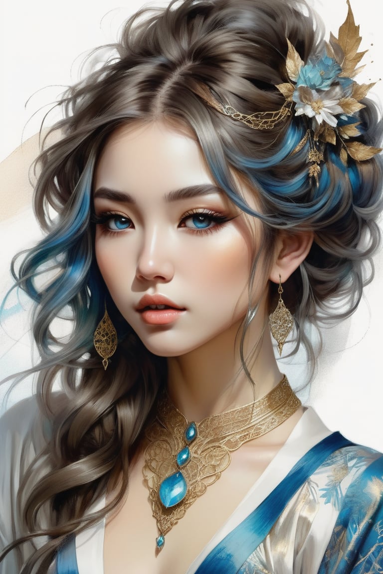 Beautiful sexy Japanese elf girl, concept art, 8k intricate details, surreal fairytale style, head tilt, upper body, oversized detailed {blue|haze|} eyes, looking down, seductive, textured hair, simple {charcoal|white} background, soft muted pastel colored pencil illustration, intricate gold filigree necklace, from side, multicolored {brown|black|white} hair, wispy curled hair, style of Carne Griffiths, (unfinished sketch), extremely high detail,midjourney,1 girl,Mysticstyle