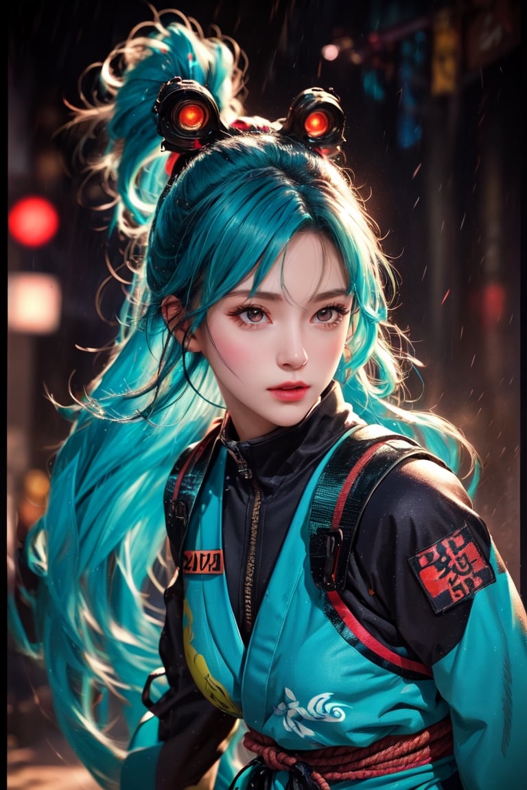 a Japanese ninja warrior girl, long cyan hair, ready to attack, high quality, high resolution, high precision, realism, color correction, proper lighting settings, harmonious composition.