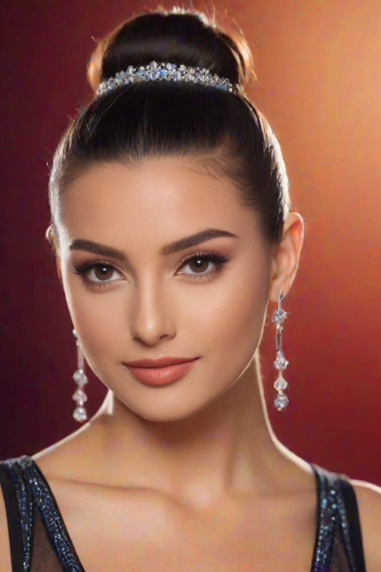 A close-up shot of an Eastern European sportswoman wearing sheer lycra attire, her dark locks tied into a sleek bun. A cascade of long earrings adorns her neck as she gazes directly at the camera, exuding confidence and poise. The framing highlights her toned physique, with a shallow depth-of-field emphasizing the sparkling jewelry.