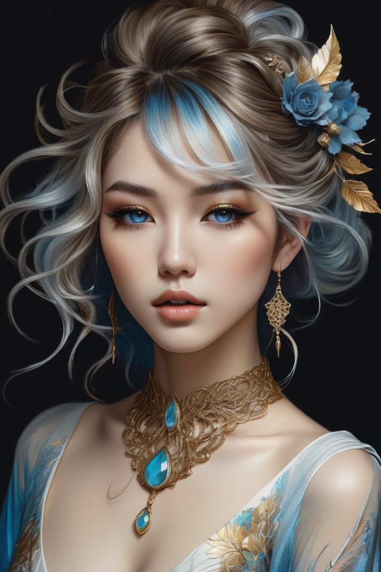 Beautiful sexy Japanese elf girl, concept art, 8k intricate details, surreal fairytale style, head tilt, upper body, oversized detailed {blue|haze|} eyes, looking down, seductive, textured hair, simple {charcoal|white} background, soft muted pastel colored pencil illustration, intricate gold filigree necklace, from side, multicolored {brown|black|white} hair, wispy curled hair, style of Carne Griffiths, (unfinished sketch), extremely high detail,midjourney,1 girl,Mysticstyle