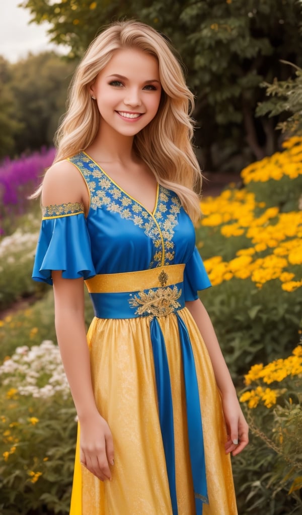 1girl, upper body, beautiful young woman, blonde, smiling, (in beautiful Ukrainian national costume of blue-yellow color), sunny day, botanical garden, realistic