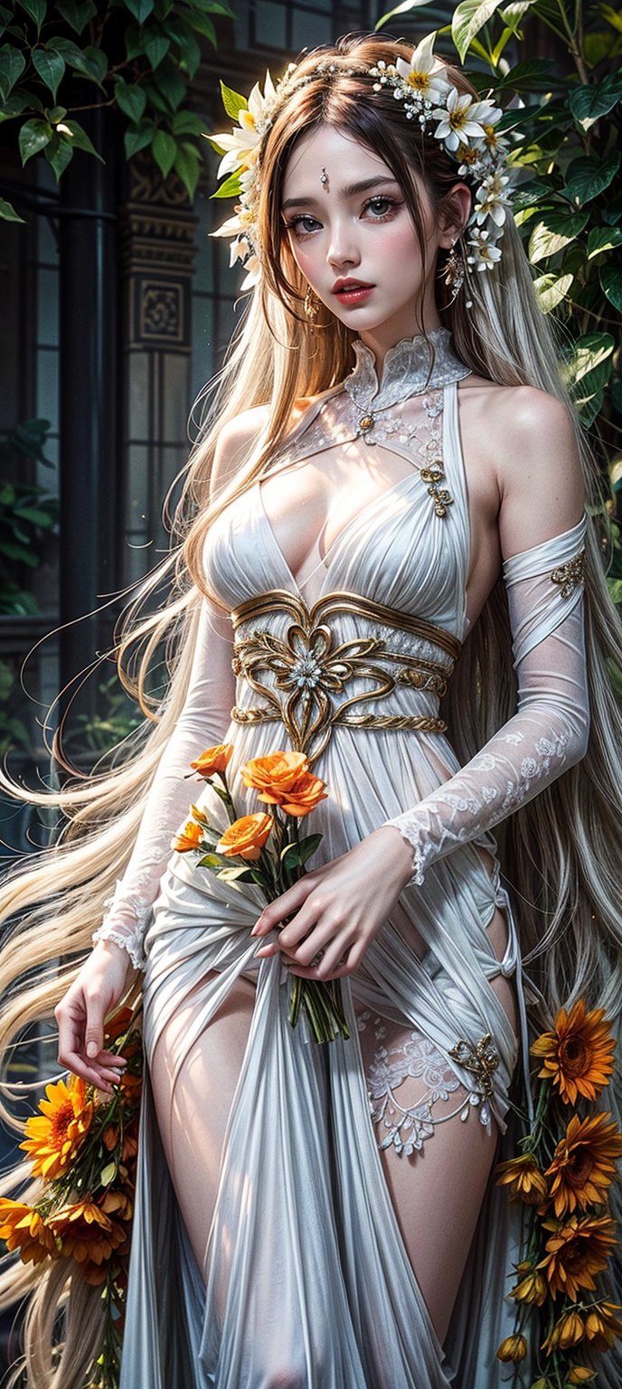 Create an artwork of a person with long, flowing hair intertwined with an array of white and orange flowers, wearing a garment that harmonizes with the botanical surroundings. The overall atmosphere should evoke an ethereal and dreamlike essence. 



 