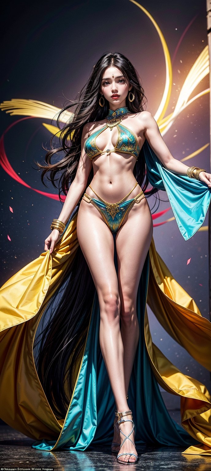 Vibrant masterpiece of a young woman with a slender, petite physique and striking long hair, posing elegantly in a stylish full-body shot that radiates beauty and aesthetic appeal. Her bright, colorful attire complements her flawless skin tone as she gazes directly at the viewer with an air of confidence and soulfulness, exuding top-quality charm and allure.