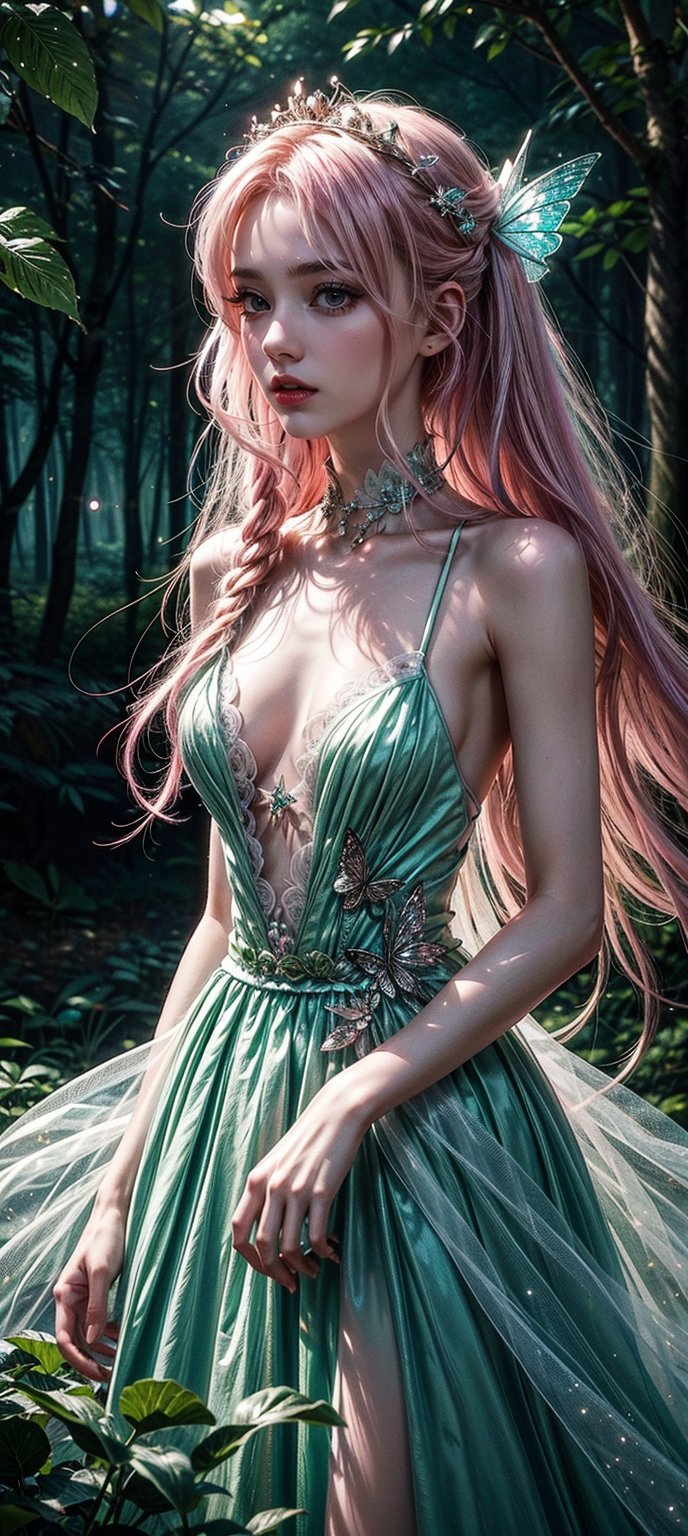 fairy, green nature, pink hair, pink eyes, white dress, long hair, flowing hair, gentle smile, graceful, elegant, beautiful, delicate features, rose-themed, floral accents, magical aura, fantasy setting, soft lighting, magical glow, whimsical, dreamlike, enchanting atmosphere, storybook-like, fairytale-inspired, surrounded by nature, magical creatures, enchanting forest, glowing flowers, butterfly accessories, delicate butterfly wings, gentle breeze, flowing dress, peaceful, serene, magical powers, glowing eyes, magical symbols, fairy tale castle, magical landscape, fantasy art, masterwork, high quality, ultra-detailed, ethereal beauty, otherworldly, fantasy lighting.",xuer Lotus leaf,DonM0m3g4,TinkerWaifu,Anigame ,glowwave,TDSVxxx,sks,firefliesfireflies,floral dress