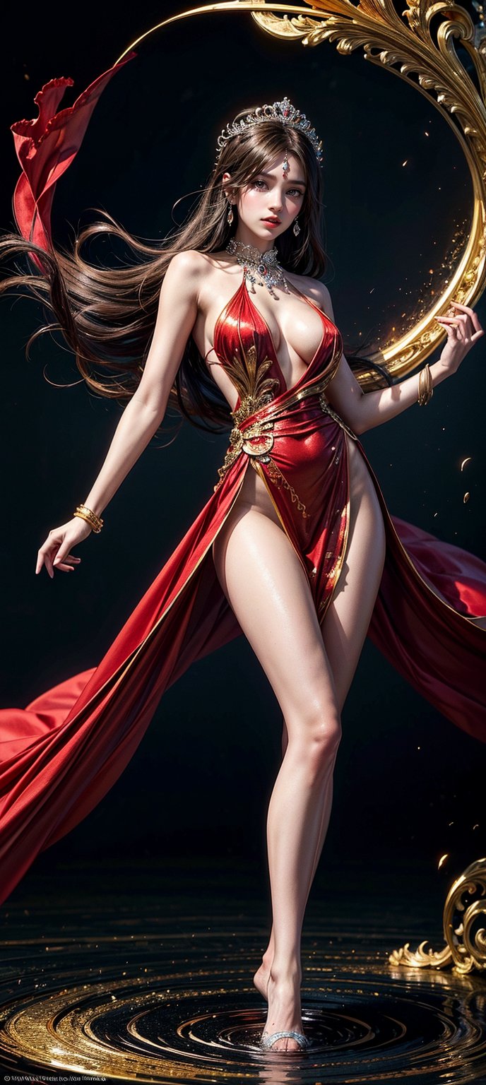 A majestic masterpiece of artistry, a vision of breathtaking beauty and elegance. A petite, slender maiden with long, luscious locks gazes directly into the viewer's eyes, her complexion radiant as porcelain. Against a backdrop of swirling vortex-like colors, she stands resplendent in a flowing red ensemble adorned with glinting gold accents, her full figure draped majestically to emphasize every curve. The surrounding atmosphere is awash with vibrant hues, evoking the turbulent waters of a river, while her stylish pose exudes poise and sophistication.