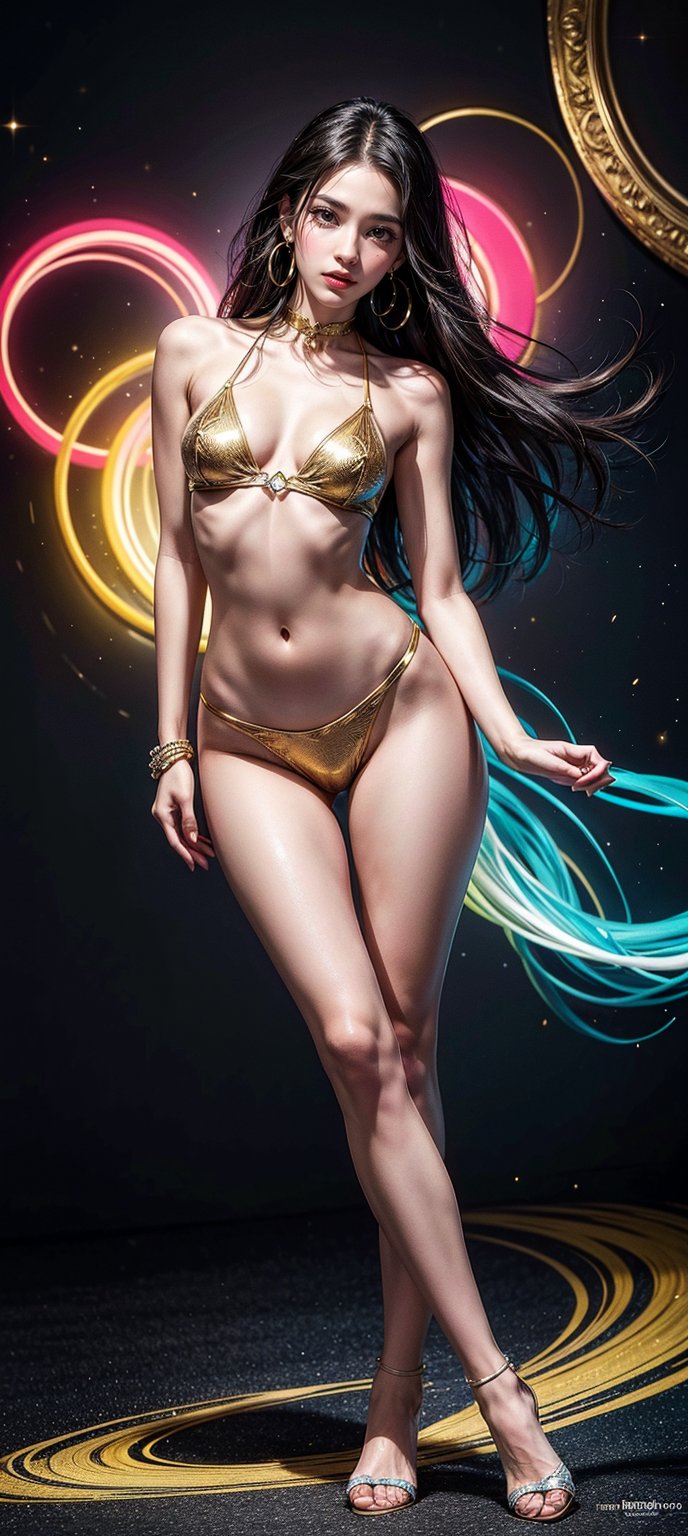 Vibrant masterpiece of a young woman with a slender, petite physique and striking long hair, posing elegantly in a stylish full-body shot that radiates beauty and aesthetic appeal. Her bright, colorful attire complements her flawless skin tone as she gazes directly at the viewer with an air of confidence and soulfulness, exuding top-quality charm and allure.