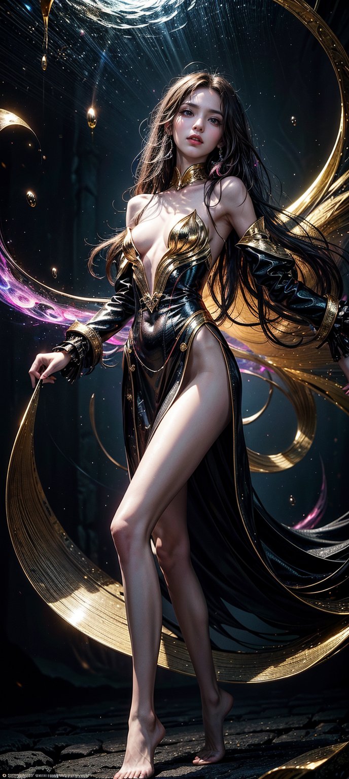  A masterpiece of beauty and aesthetics, a stunning full-body portrait of a petite, slender girl with long hair, posing stylishly while gazing directly at the viewer. Set against a vibrant backdrop of a mystical cave theme, the artwork bursts with colorful hues of black, pink, and gold. The subject's skin appears radiant under soft, golden lighting, as if illuminated by an otherworldly force. In the foreground, swirling drops of light seem to be drawn into a mesmerizing vortex, further emphasizing the fantastical atmosphere. This official art piece is a testament to top-quality craftsmanship, with every detail meticulously rendered in best quality. 