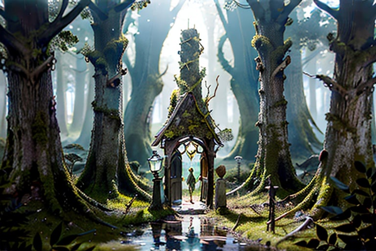 In a eerie clearing, a stand of rotting trees, shrouded in moss, towers above the landscape. Two vibrant trees, their trunks painted in kaleidoscopic hues, frame the entrance like an otherworldly portal. The forest floor's dark shadows writhe like living tendrils, while dappled sunlight casts an unsettling underwater glow. Hundreds of tiny clay figures, carvings, and trinkets hang from the branches, each a miniature depiction of a bat- winged, tentacle-faced entity, casting a bizarre and disturbing atmosphere.