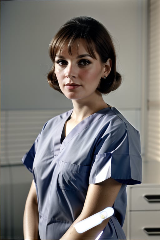 A photo portrait of a 38 years old female state surgeon 1968 60s vintage sixties look
