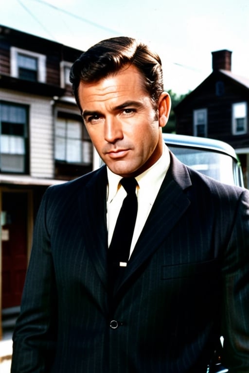 A photo portrait of a male professional and deadly serious special agent in a smalltown street summer 1968