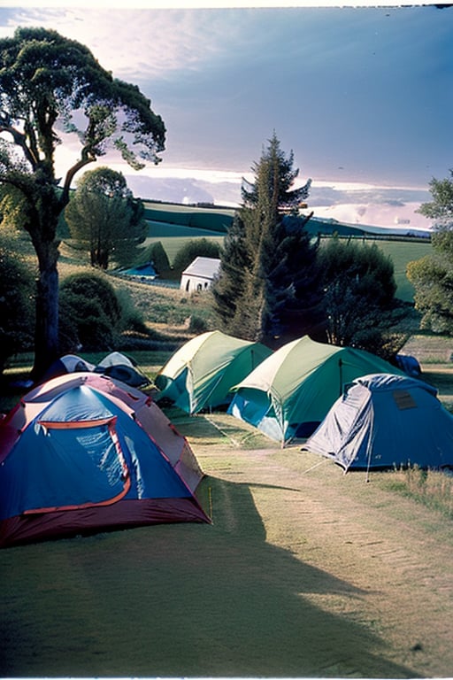 a professional photo of an old farm in summer 1968, a campsite of tents and campervans in the field beside the house.  House, sheds, trees, tents, rocks  is richly decorated, often with caked layers of paint or scarred with carving knives. 60s, hippy, colors