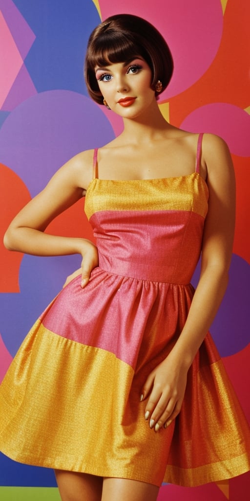 professional photo of a woman in a colorful dress posing for a picture,  retro 6 0 s fashion,  psychedelic style, 1960s fashion, 1960s style, perfect eyes, perfect face, hyperrealist, elegant
