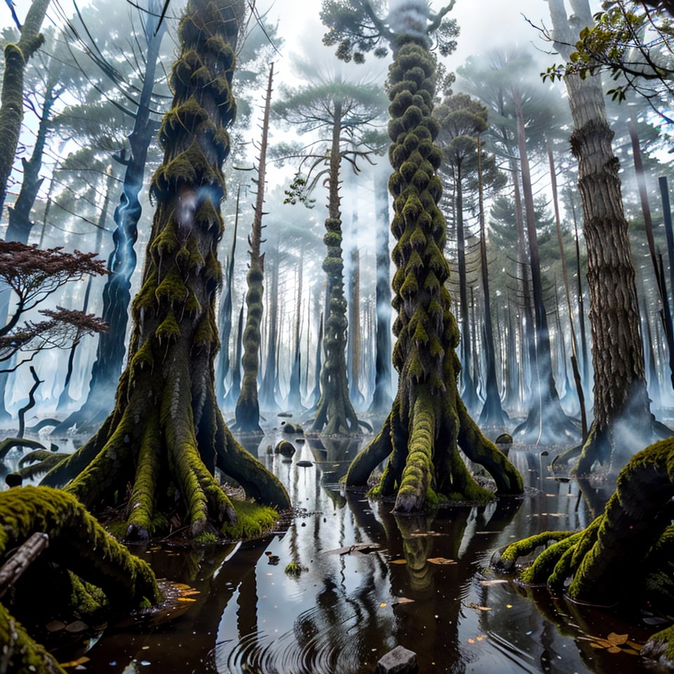 a photo of a foreboding clearing shrouded in mist and night, a stand of decaying trees stands tall, their bark weathered to gray and overgrown with vibrant moss. The air is heavy with the sweet scent of burning wood as blazing fires surround the entrance to the grove. In the center, darkness begins to seep out like ripples on water's surface. Terrible, haunting shapes emerge from its depths, moving menacingly towards the trees as if summoned by some ancient evil.,no_humans