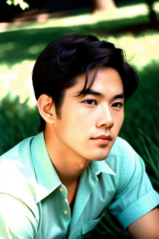 A professional photo of a 25-year-old  mixed american japanese archivist, set against the warm tones of a summer afternoon in 1968. He sits confidently. 60s sixties vintage