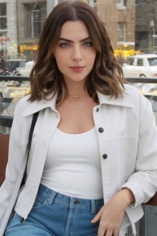 hyperrealistic photo of Jade Picon on a casual day, realistic and detailed eyes, wearing dark wash skinny jeans, a white cotton t-shirt with a subtle detail, and a brown leather jacket. She is in a charming cafe, with a steaming cappuccino in her hands, smiling slightly as she observes the busy street. The image should have a cinematic style, with focus on the actress and her casual and elegant look. 