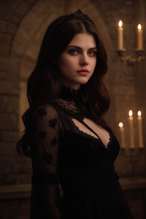 Alexandra Daddario in a gothic setting, with a mysterious and elegant look. The image captures the actress's beauty in a dark and intriguing context. Alexandra is wearing a long black lace dress, with velvet details and a crown of black flowers. Her brown hair is loose with soft waves, framed by a thin line of black eyeliner and dark red lipstick. The setting is a medieval castle with stone walls and candle chandeliers. The image should have a cinematic quality, with sharp details and a dramatic lighting that enhances her features.