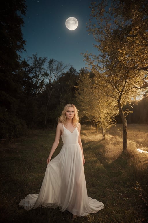 photo of Kirsten Dunst in a magical and mysterious environment, wearing a long white dress. She is illuminated by the intense and golden light of the full moon, which creates a magical halo around her. Her blonde hair is loose and wavy, and her expression is serene and contemplative. The image has a surreal style, with tones of blue and gold, and a focus on the moonlight.