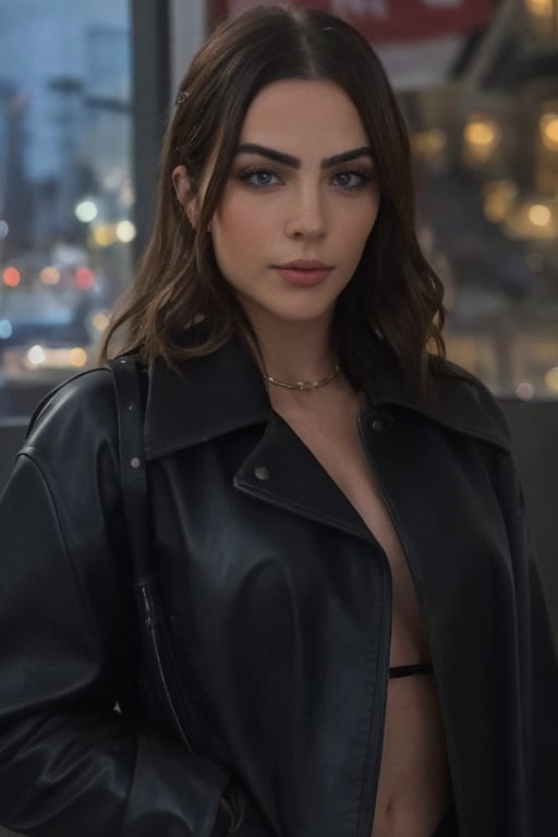 A highly realistic and detailed image of Jade Picon in a rock and roll theme. She is wearing a black leather jacket, facing the viewer directly. The scene should have sharp, clear details with a gritty, rebellious atmosphere. Cinematic style.
