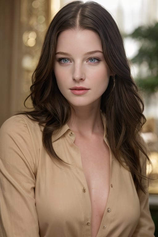 A hyperrealistic close-up image of Rachel Nichols, focusing only on the upper torso, with special attention to the realistic details of her skin. She is in an elegant setting, illuminated by a soft, golden light, enhancing her facial features. The focus is on her natural beauty, with subtle makeup, nude lipstick, mascara, and brown eyeliner. 