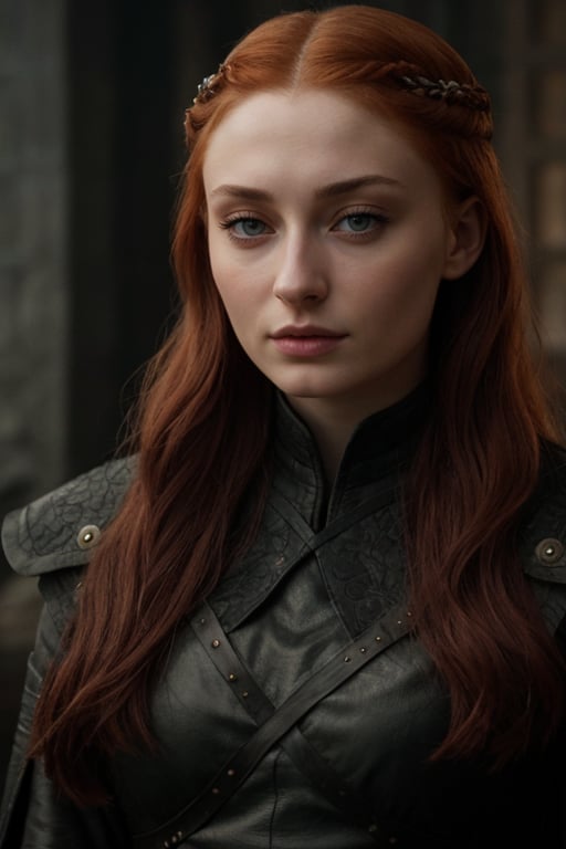 hyperrealistic photo of Sophie Turner in a scene from "Game of Thrones",  with  focus  on  her  character  Sansa  Stark. The  image  has  a  cinematic  style,  capturing  the  essence  of  the  scene  and  the  story  of  "Game  of  Thrones",  with  a  touch  of  realism  and  dramatic.