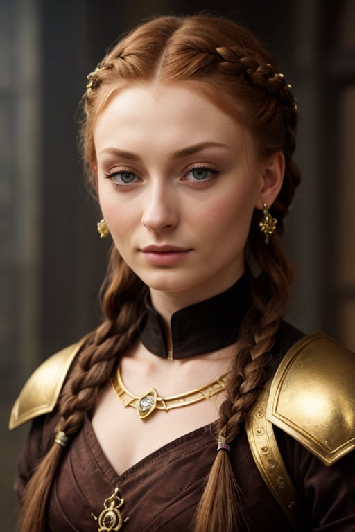 hyperrealistic image of Sophie Turner in a fantasy setting, with a look of a fantasy heroine. Her hair is styled in an updo with braids and gold details. The image has a fantasy and adventure style, with focus on the beauty and strength of Sophie.