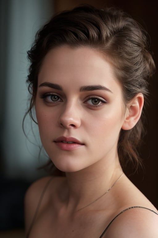hyperrealistic photo of kristen woman, showing only from the waist up, with focus on the details of her face and neck. The lighting is soft and natural, enhancing the beauty and texture of her skin in an ultra-realistic way. Her hair is slightly wavy, framing her face naturally, with a touch of mystery in her eyes. The image has a cinematic style, with focus on Kristen Stewart's natural beauty, like a high-quality magazine photograph, with 8K resolution, sharp details, realistic textures, and vivid colors.  score_9, score_8_up, score_7_up,