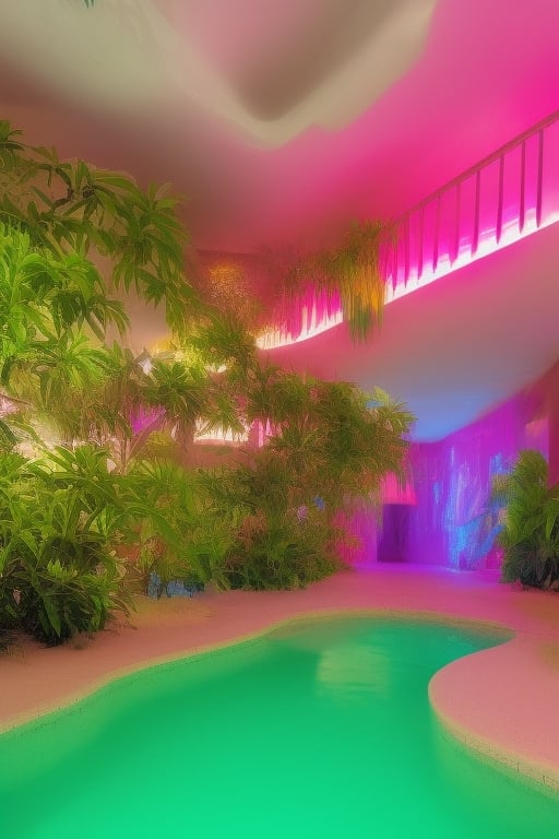 the scene is focused on a central room surrounded by 3 tall open doorways on 2 parallel sides of the room, these doorways are seemingly leading to other identical rooms whose only difference is its illumination by natural light pouring from large windows. Each room features tropical fauna and flora with a heavy emphasis on water features such as pools and waterfalls. The scene’s colour palette consists of neon colours taken from a cyberpunk set of colours such as pink, blue, orange, purple, white, and green. the only living elements in the scene are tropical fauna and flora.