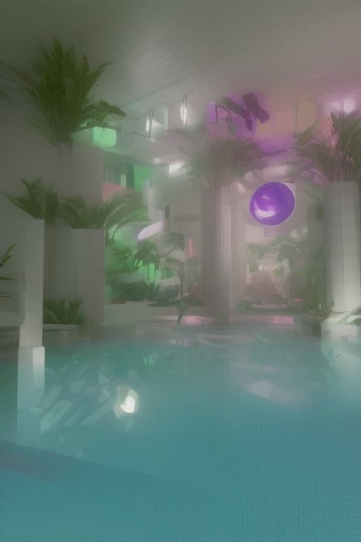 the scene is focused on a central room surrounded by 3 tall open doorways on 2 parallel sides of the room, these doorways are seemingly leading to other identical rooms whose only difference is its illumination by natural light pouring from large windows. Each room features tropical fauna and flora with a heavy emphasis on water features such as pools and waterfalls. The scene’s colour palette consists of neon colours taken from a cyberpunk set of colours such as pink, blue, orange, purple, white, and green. the only living elements in the scene are tropical fauna and flora.